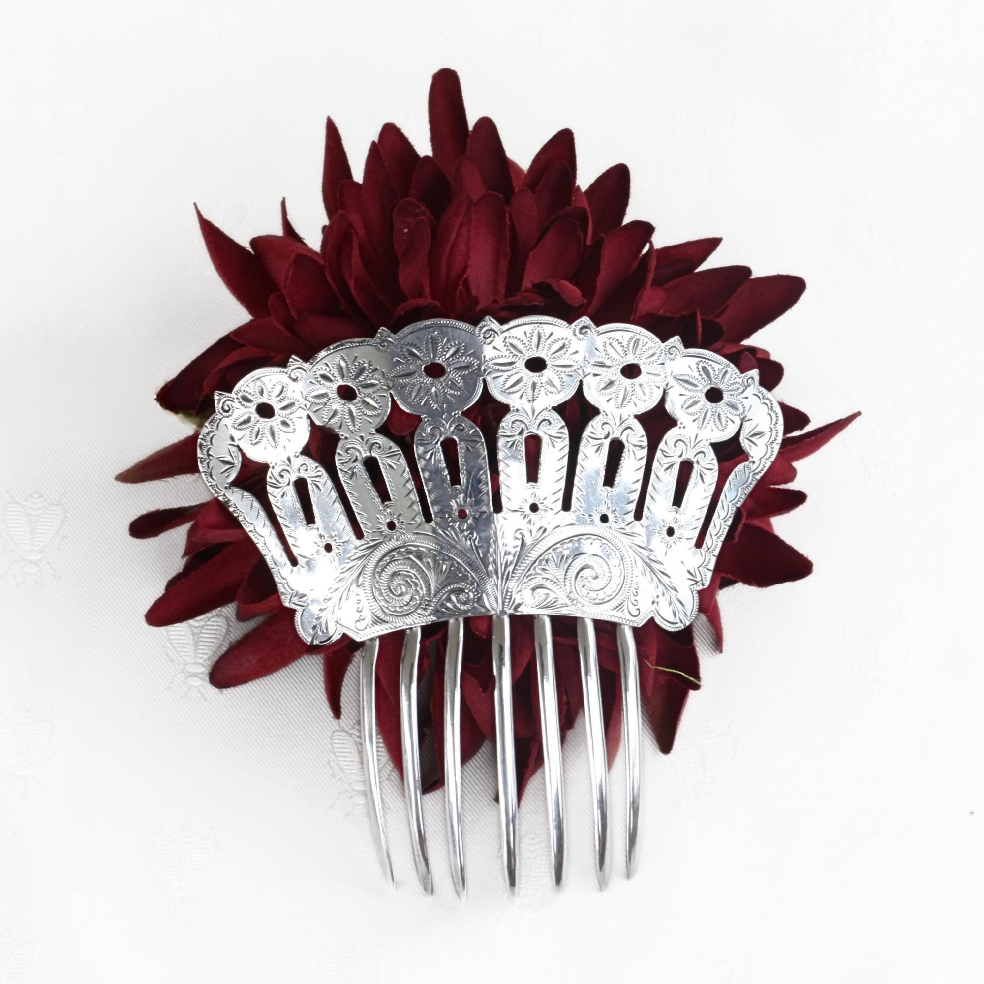 Antique Victorian Sterling Silver Tested Hair Comb Pick Engraved Floral Fan Top Sterling Victorian Hair Comb, Hand Fabricated With Floral  main image 2
