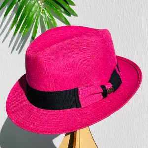 Fuchsia Pink Faux Leather Band Brim Fedora Hat Trend Panama Trendy Accessory Visland Women Fedora Hat, Fashion Vintage Retro Classic  main image 2