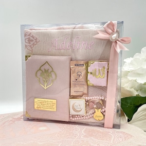 Personalisierte Gebetsmatte, islamisches muslimisches Geschenkset, Gebetsteppich Islam, Yaseen Tasbih Geschenk, Eid Geschenk