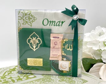 Tapis de prière personnalisé, coffret cadeau musulman, Omra Moubarak, tapis de prière islam, cadeau Yaseen Tasbih, cadeau d'anniversaire, faveurs d'Ameen, Hajj, cadeaux de l'Aïd