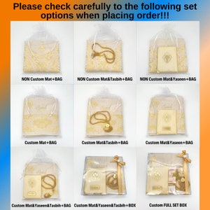 K&ouml;nnte beinhalten: Ein Set Gebetsteppiche mit verschiedenen Anpassungsm&ouml;glichkeiten. Die Teppiche sind beige mit goldener Stickerei und werden mit einer Tasche, einem Tasbih und einem Yaseen geliefert. Die Teppiche sind auch in einer vollst&auml;ndigen Box erh&auml;ltlich.