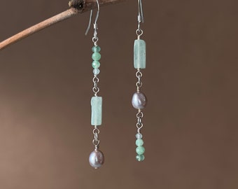 Aventurine, chrysoprase, aquamarine, gemstone earrings, freshwater pearl, dainty drop earrings, 925 Sterling Silver, asymmetric earrings