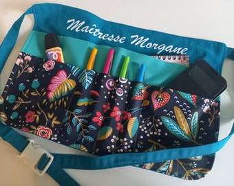 Pochette Tablier Ceinture Trousse pour maitresse enseignante atsem puericultrice Cadeau fin d'année Fleuri