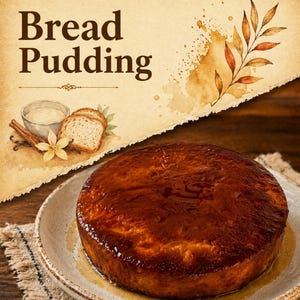 Op de afbeelding: Een ronde, goudbruine broodpudding staat op een gespikkeld keramieken bord. Boven het dessert bevindt zich een decoratieve papieren overlay met de tekst Bread Pudding, vergezeld van aquarelillustraties van kaneelstokjes, vanille en brood.