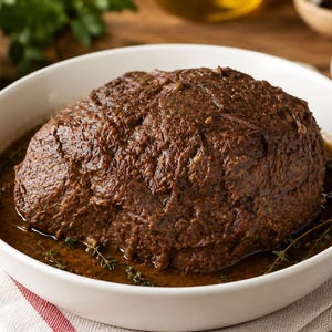 May include: A large, dark brown roasted beef joint served in a white ceramic bowl. The meat is coated in a rich, dark brown savory sauce and garnished with small sprigs of fresh green thyme, creating a textured and hearty appearance.