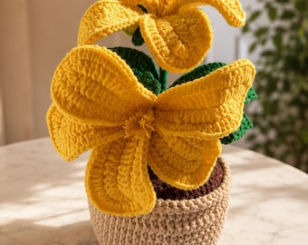Crochet flower in pot, handmade yellow flower home decor, no water needed plant gift