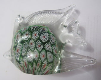 Murano Hand Blown Glass Angel Fish Figurine w/Milifiori Green Body within a Clear Angel Fish