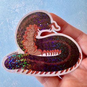 May include: A holographic sticker featuring a dark brown centipede with a tan underside and orange legs. The creature is curled into a C-shape with large eyes and antennae. The text Blue Star Creations is printed in small black letters on the side.