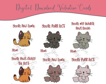 Digital Download Valentine Cards | Cat Valentines Day Cards | INSTANT DOWNLOAD | Printable Classroom Valentine’s Day Cards