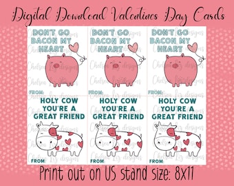 Può includere: Sei biglietti di San Valentino stampabili con simpatici animali dei cartoni animati. Tre biglietti presentano un maiale rosa con il testo "Non andare a pancetta il mio cuore". Tre biglietti presentano una mucca con il testo "Santa mucca, sei un grande amico". I biglietti sono progettati per essere stampati su carta di 20,3 x 27,9 cm.