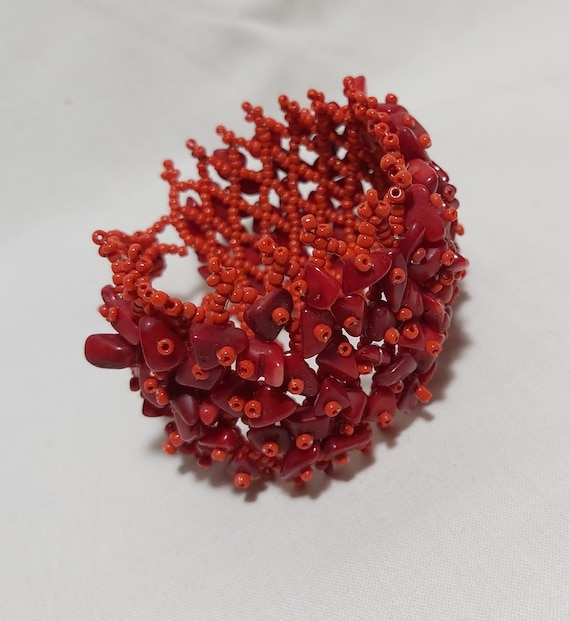 Vintage red coral  beads bracelet W4.5cm * L17-18… - image 2