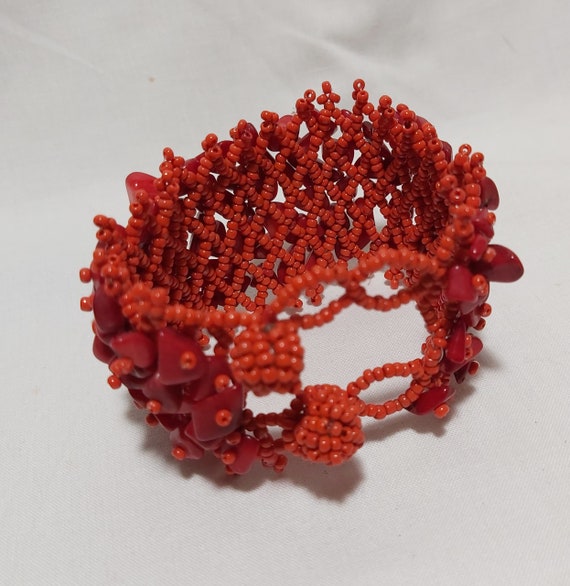 Vintage red coral  beads bracelet W4.5cm * L17-18… - image 4