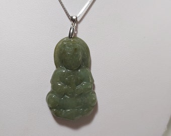 New oil green Genuine Jadeite Jade Guanyin(观音） pendant in sterling silver necklace L45cm/40cm, or with red/brown string 60cm