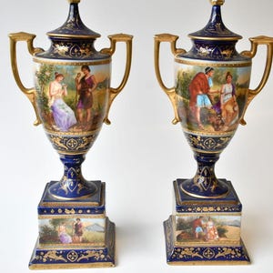 Antique pair Royal Vienna Porcelain Mantel cobalt blue Vases - Marked H35.5cm