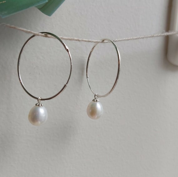 Genuine 9-10mm Freshwater Pearl Drop Earrings In Sterling Silver – Golden White, Handmade