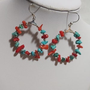 Vintage Coral Turquoise beads silver hook earring L49cm * W32cm