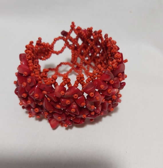 Vintage red coral  beads bracelet W4.5cm * L17-18… - image 1