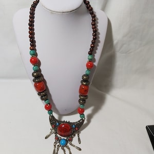 Vintage multi-colour wood resin beads brass pendant necklace L60cm weight 72g