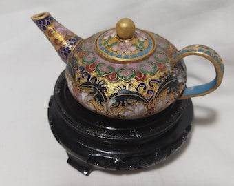 Chinese Vintage Gold Cloisonne Bronze Brass Copper Enamel Teapot(Small)  L11cm with Wood Stand