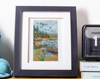 Lámina artística "Laguna Rocks" en pastel al óleo, tamaño tarjeta coleccionable ACEO.