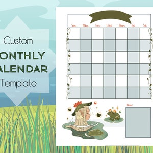 Custom Calendar Template, Blue Gingham Cottage Core Aesthetic with Frog and Lilly pad