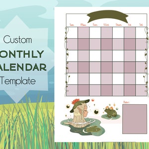 Custom Calendar Template, Purple Gingham Cottage Core Aesthetic with Frog and Lilly pad