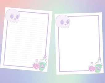 Pastel Skull & Potion Stationary Bundle, Lined and unlined, Printable Letter Paper, Letter Writing Set