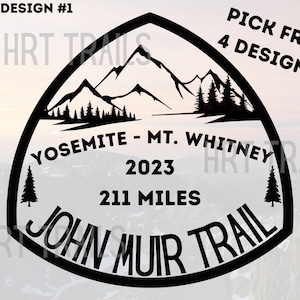 May include: Black and white graphic design of a mountain range with the text "Yosemite - Mt. Whitney 2023 211 Miles John Muir Trail" inside a black triangle shape.