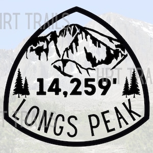 May include: Black and white graphic of a mountain peak with the text "14,259' Longs Peak" and two pine trees on either side.