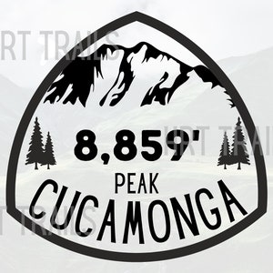 May include: Black and white illustration of a mountain peak with the text "8,859' PEAK CUCAMONGA" in a circle.