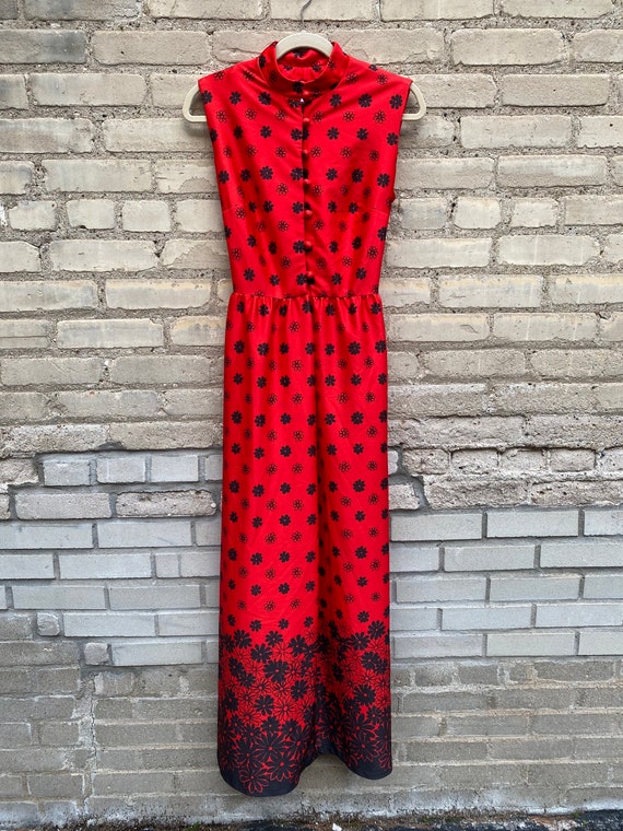 Vintage 70s Yves Jennet Red & Black Floral Daisy … - image 5