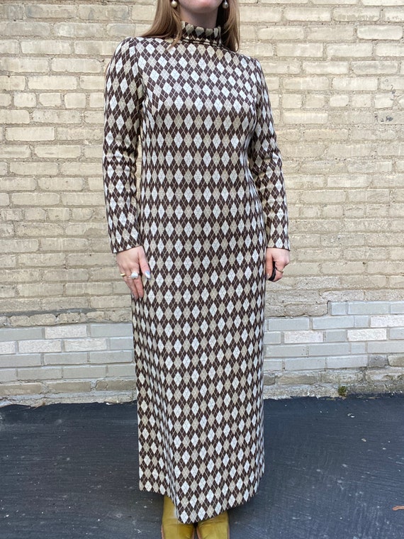 1970s Argyle Brown and Gold Maxi Dress
