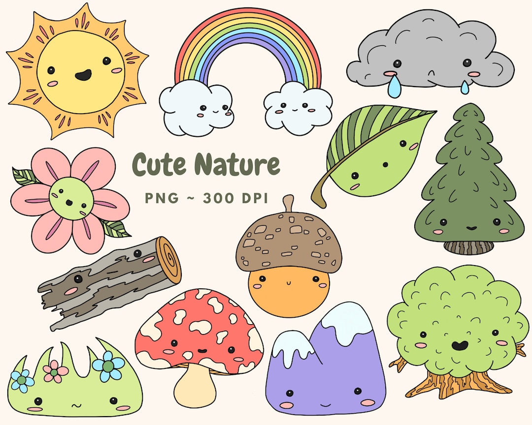 Cute Nature Clip Art Digital Download, Woodland, Weather, Kawaii Clip
