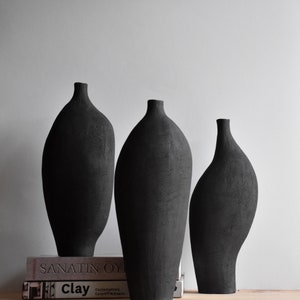 V-Vase B2, Black Sculptural Vase, Minimalist Modern Ceramic Vase, Decorative Nordic Vase