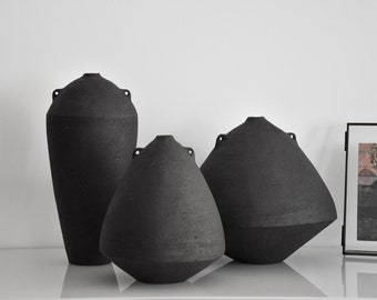 Set of 3 Black Ceramic Küp Vases, Modern Ceramic Vase, Handmade Ceramic Vase