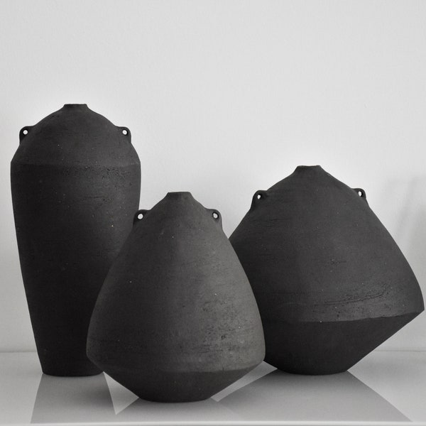 Set of 3 Black Ceramic Küp Vases, Modern Ceramic Vase, Handmade Ceramic Vase