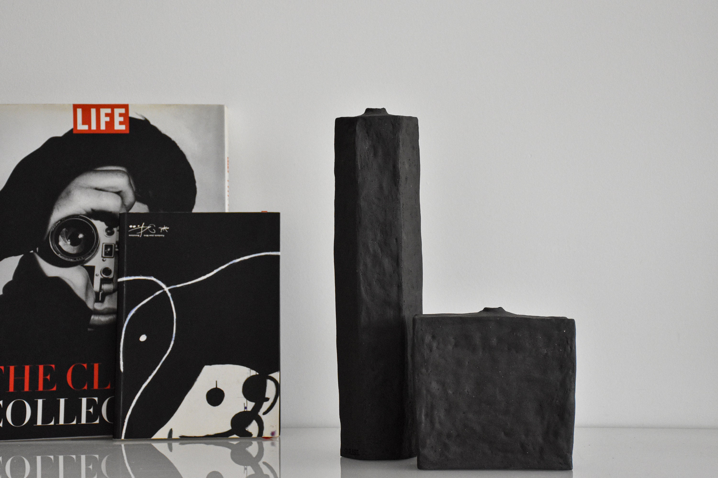 Set 2 Black Ceramic Vase Sculptural Stoneware