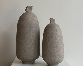 Pair of Lidded Ceramic Vases, Gray Twin Vase, Black Sculptural Vase, Minimalist Modern Ceramic Vase