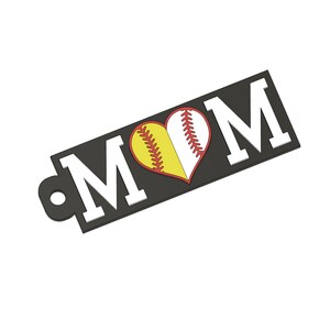 May include: Black and white keychain with the word "MOM" and a red and yellow softball in the shape of a heart.