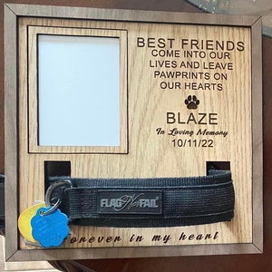 Laser | Dog remembrance memorial photo with collar plaque, 8 x 8, 3 x 4 photo size, svg laser glowforge thunder mira