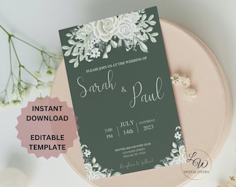 Sage Green Wedding Invitation Template, Wedding Invite With White Flowers, Editable & Printable Instant Download For Wedding #2300