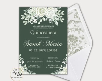 Sage Green Quinceañera Invitation, Double Sided Printable White Floral Invite, EDITABLE TEMPLATE, Invitacion Para Quince 15 Anos #2298