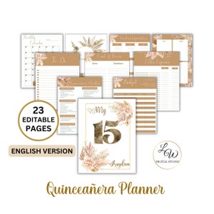 Boho Quinceañera Planner Template, Neutral Colors Mis XV años US Letter Printable Planner Worksheets, Floral Timeline Instant Download 2313