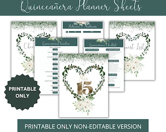 Quinceañera Planner Printable ONLY, Emerald Green Mis XV años US Letter Planner Worksheets, Floral Instant Download Agenda Imprimible #2248