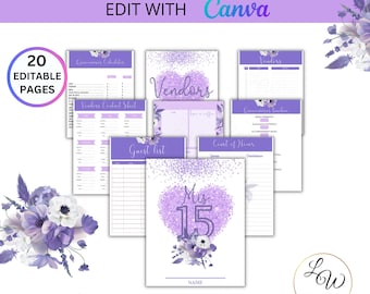 Lilac Quinceañera Planner Printable sheets , Mis XV años US Letter Printable Planner Worksheets, Purple Floral Instant Download Template