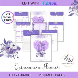 Lilac Quinceañera Planner Printable sheets , Mis XV años US Letter Printable Planner Worksheets, Purple Floral Instant Download Template