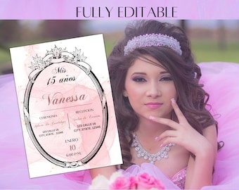 Quinceañera Mirror Invitation, Oval 15 Invitation Template for Beauty Mirror with handle, Pink Quince Princess Editable Invite