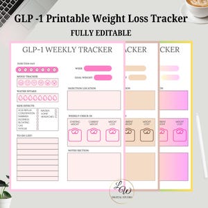 May include: Printable weight loss tracker with the text "GLP-1 Weekly Tracker" and "Fully Editable." The tracker includes sections for mood, water intake, side effects, and weekly weight checks. The design is in pink, peach, and yellow.