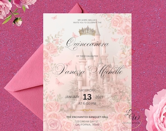 Pink Quinceañera Floral Invitation, Princess Castle 15 Invitation digital invitation Template, Enchanted Quince Editable Invite - 2320