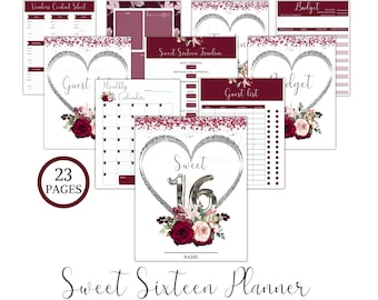 Sweet Sixteen Printable Planner , Sweet 16 US Letter Worksheets, Burgundy Floral Planner Covers Instant Download Template